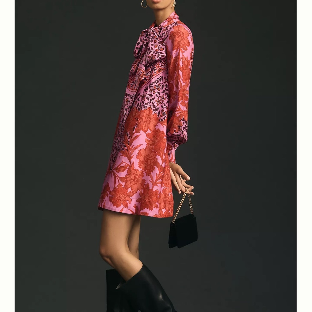 Anthropologie x Maeve Printed Tie Neck Mini Dress - Picture 2 of 9